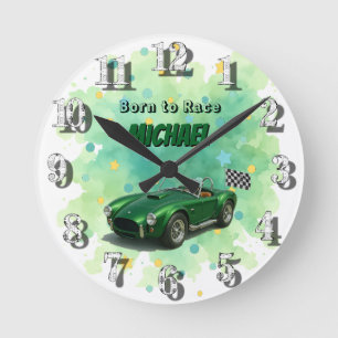 10 Year Old Birthday Party Green Racing Car Round Clock