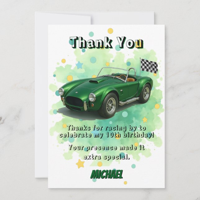 10 Year Old Birthday Party Green Racing Car Thank You Card (Front)