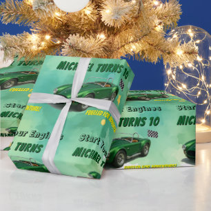 10 Year Old Birthday Party Green Racing Car Wrapping Paper