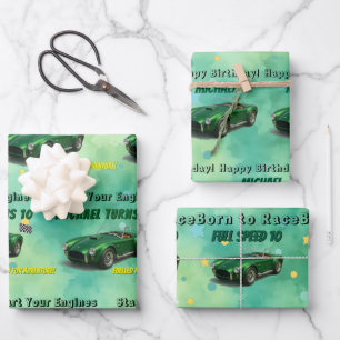 10 Year Old Birthday Party Green Racing Car Wrapping Paper Sheet