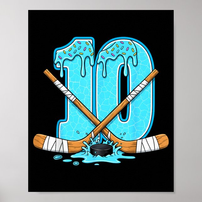10 Year Old Hockey Ice Cream Drip Youth 10th Birth Poster (Front)