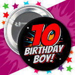 10 Year Old Superhero Birthday Boy 10th Birthday 6 Cm Round Badge<br><div class="desc">This cool 10th birthday boy design is perfect for a superhero birthday party theme! Great for any 10 year old boy that loves comic book superheroes or villains with superpowers! Features 10th birthday '10 Birthday Boy!' happy birthday quote in a comic book superhero theme that the 10 year old super...</div>