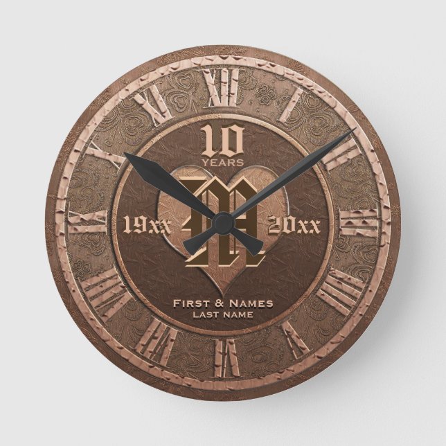  10 Year Vintage Copper Look Wedding Anniversary  Round Clock (Front)