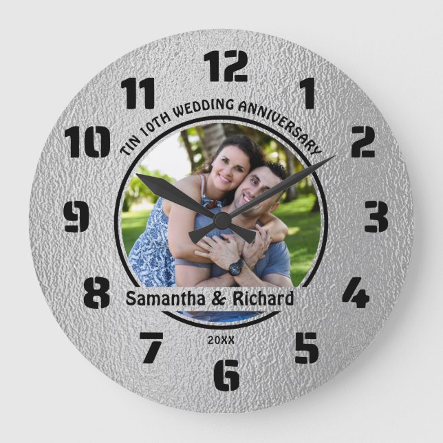 10 Year Wedding Anniversary Couple Name Photo Tin  Large Clock (Front)