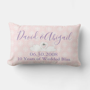 10 Year Wedding Anniversary Pink and White Damask Lumbar Cushion