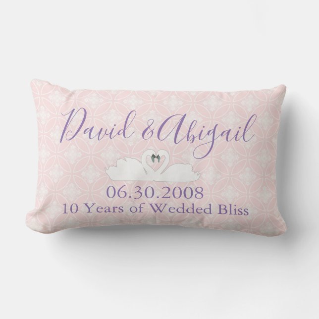 10 Year Wedding Anniversary Pink and White Damask Lumbar Cushion (Front)