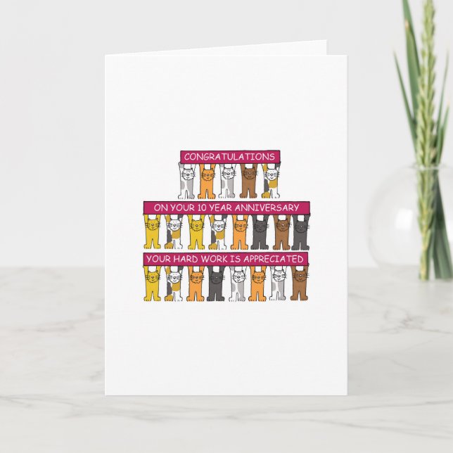 10 Year Work Anniversary Cartoon Cats Card (Front)