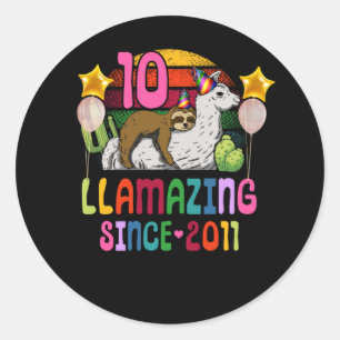 10 Years Old 10th Birthday Sloth Riding Llama Classic Round Sticker