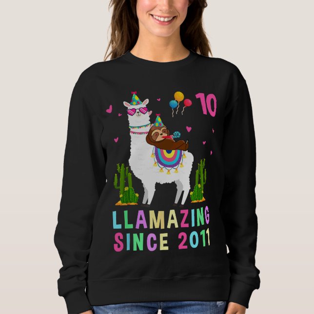 10 Years Old 10th Birthday Sloth Riding Llama Girl Sweatshirt (Front)