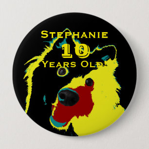 10 Years Old, Happy Yellow Dog Button Pin