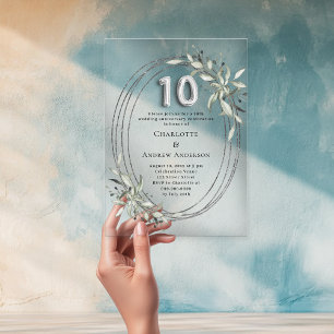 10h wedding anniversary silver greenery clear acrylic invitations