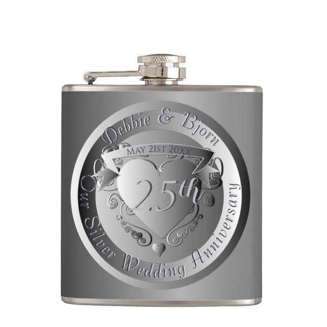 10th,20th,25th,70th Wedding Anniversary Medallion Hip Flask (Front)