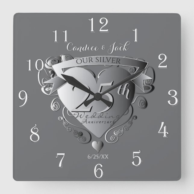 10th,20th,25th Wedding Anniversary Silvery Heart Square Wall Clock (Front)