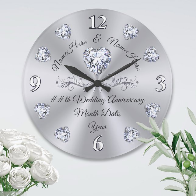 10th, 75th, 60th Diamond Anniversary Gifts,  Large Clock (10 year anniversary gift for wife. Diamond anniversary clock. 10th anniversary gift for couple.)