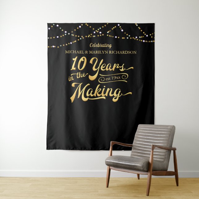 10th Anniversary Black Gold Lights Photo Backdrop Tapestry (In Situ)
