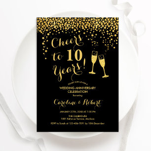 10th Anniversary - Cheers to 10 Years Gold Black Invitation