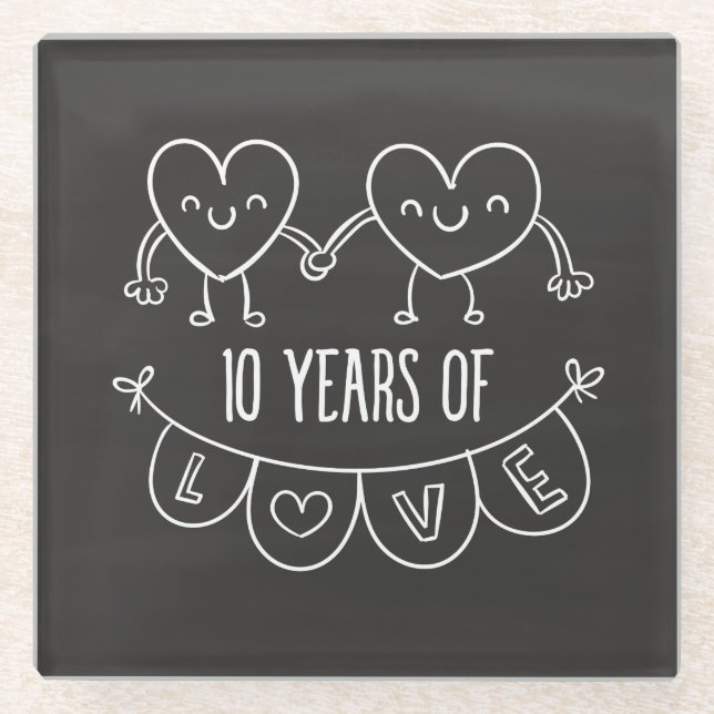 10th Anniversary Gift Chalk Hearts Glass Coaster (Front)