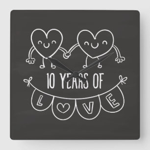 10th Anniversary Gift Chalk Hearts Square Wall Clock