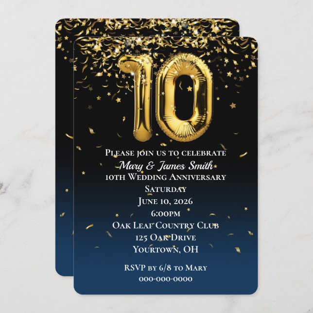 10th Anniversary Gold Balloons Confetti Invitation (Front/Back)