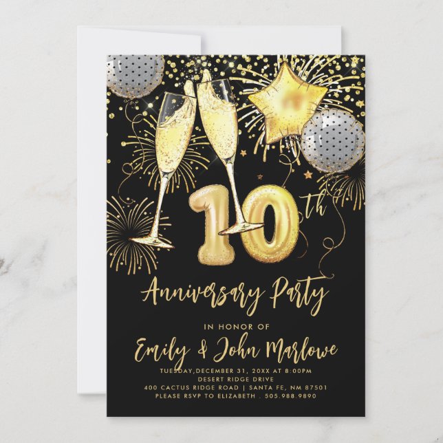 10th Anniversary Gold Glitter Confetti Champagne Invitation (Front)