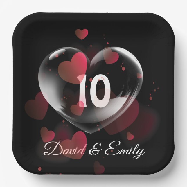 10th Anniversary Heart Bubble With Red Hearts Paper Plate (Front)