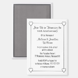10th Anniversary Hearts White and Black Invitation Magnet