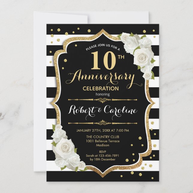 10th Anniversary Invitation - Black White Gold (Front)