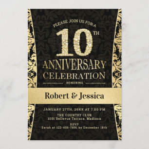 10th Anniversary Party - Gold Black Invitation