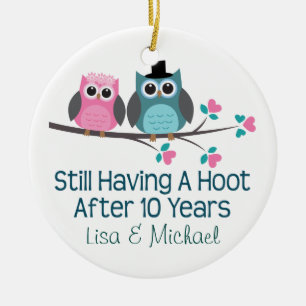10th Anniversary Personalised Owl Couples Gift Ceramic Tree Decoration