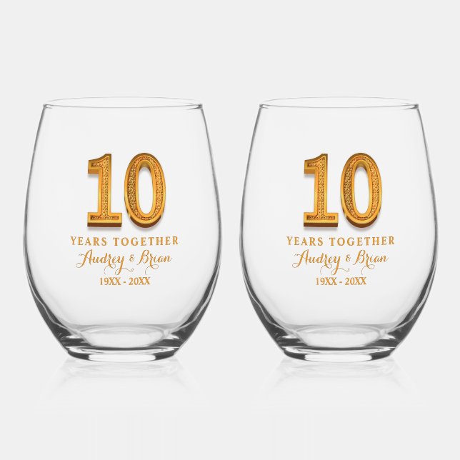 10th Anniversary Personalised Stemless Wine Glass (Front)