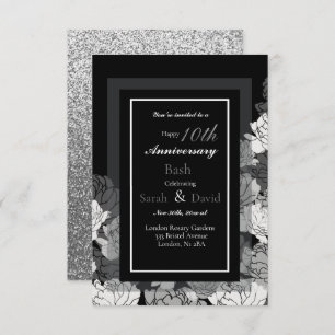 10th anniversary silver, black & white rose print card