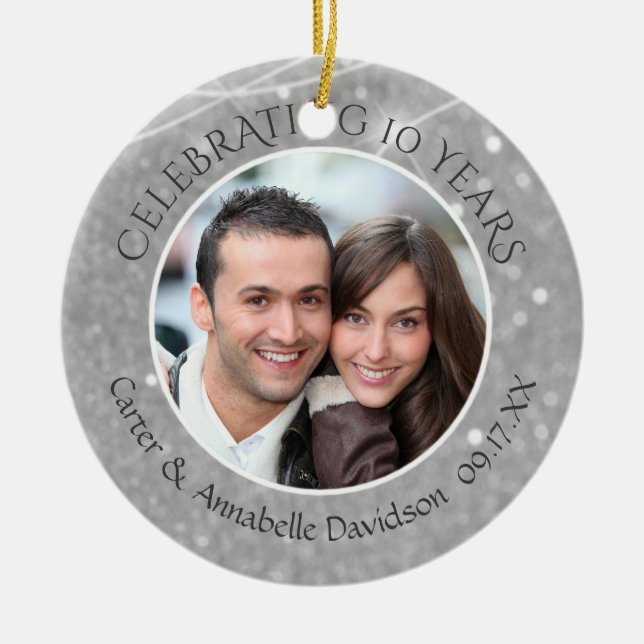 10th Anniversary | Silver Sparkle Photo Ceramic Ornament (Front)