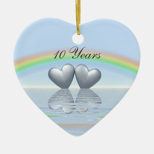 10th Anniversary Tin Hearts Ceramic Ornament (Front)