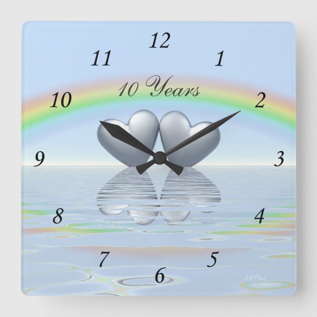 10th Anniversary Tin Hearts Square Wall Clock (Front)