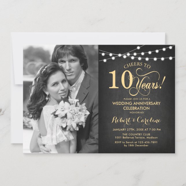 10th Anniversary with Photo - Chalkboard Gold Invitation (Front)