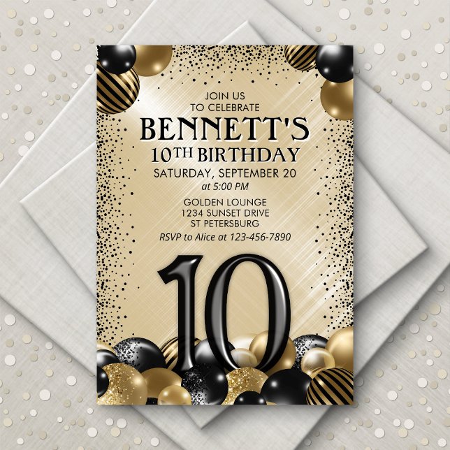 10th Balloons Black Gold Birthday Invitation (Creator Uploaded)