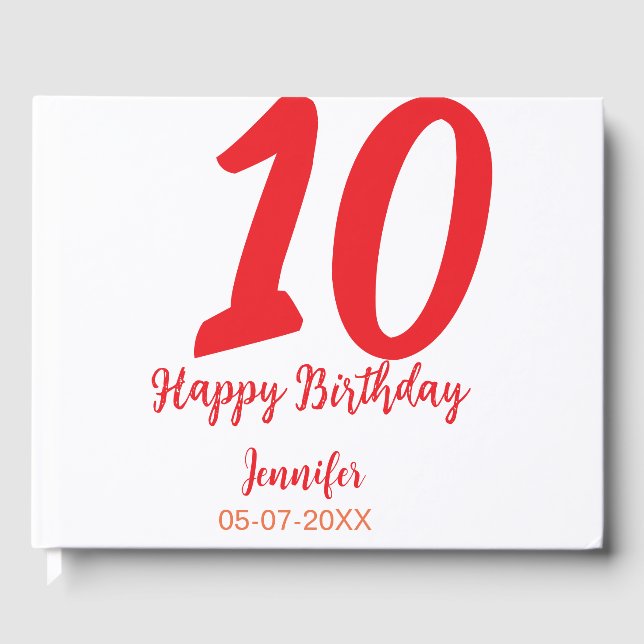 10th birthday add name date year red template  guest book (Front)