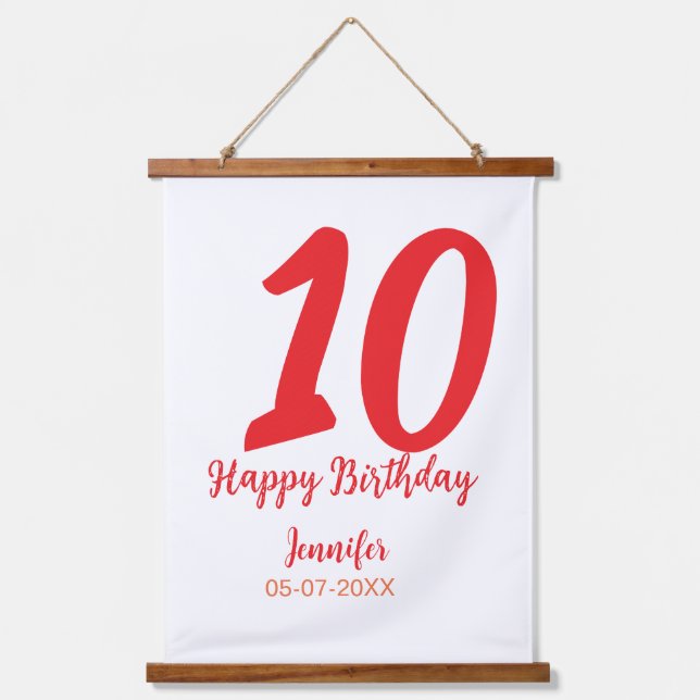 10th birthday add name date year red template  hanging tapestry (Front)