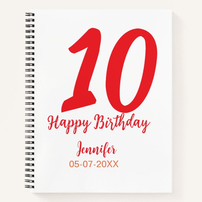 10th birthday add name date year red template  notebook (Front)