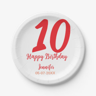 10th birthday add name date year red template  paper plate