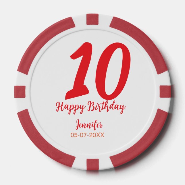 10th birthday add name date year red template  poker chips (Front)