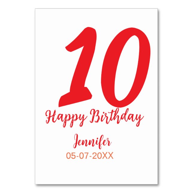10th birthday add name date year red template  table number (Front)
