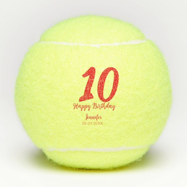 10th birthday add name date year red template  tennis balls (Front)