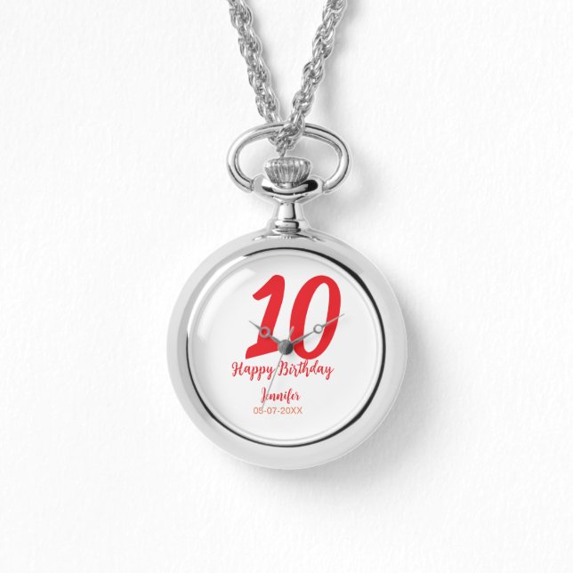 10th birthday add name date year red template  watch (Front)