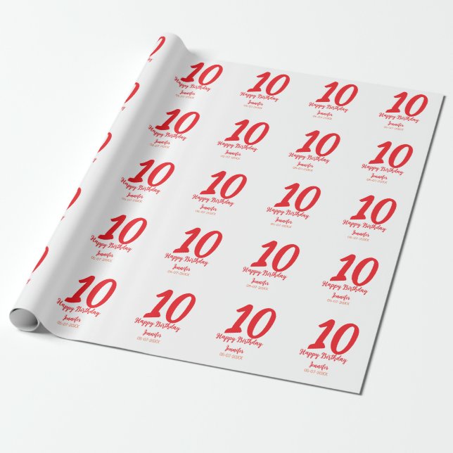 10th birthday add name date year red template  wrapping paper (Unrolled)