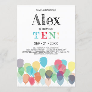 10th Birthday Balloons Party Invitation