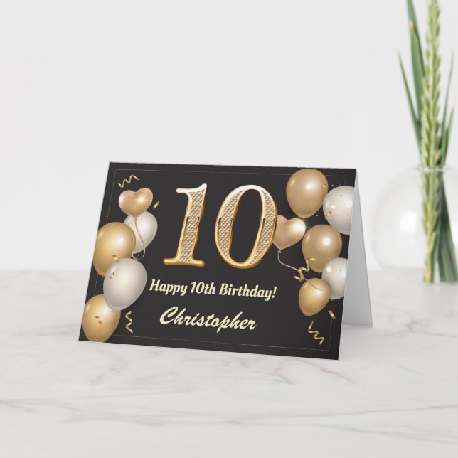 10th Birthday Black and Gold Balloons Birthday Card (Front)