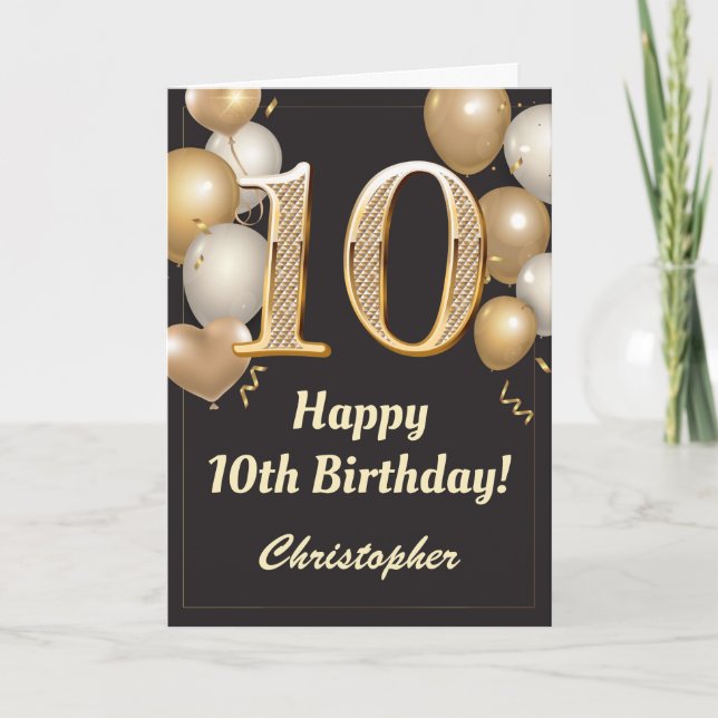10th Birthday Black and Gold Balloons Confetti Card (Front)
