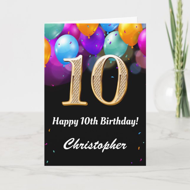 10th Birthday Black and Gold Colourful Balloons Card (Front)