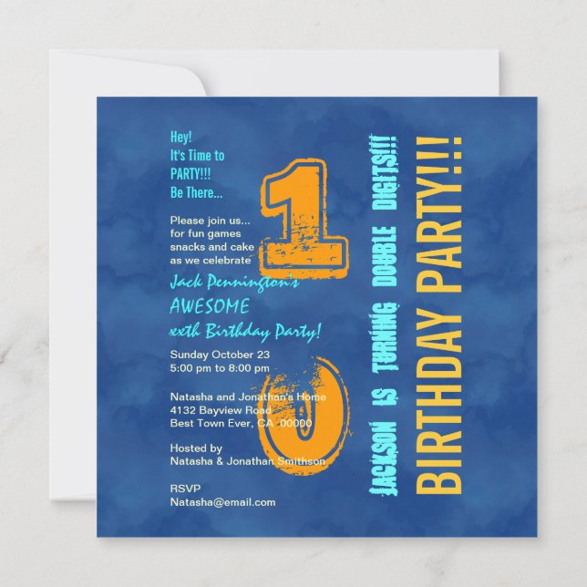 10th Birthday Blue and Gold Modern Grunge G10B Invitation (Back)